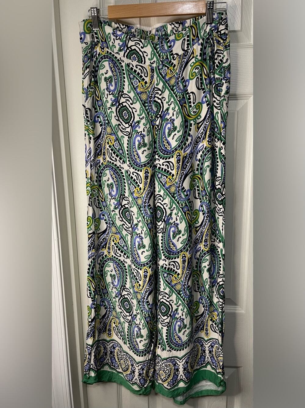 Blue Green Pull On Boho Paisley Print Lightweight Resort Wide Leg Pants Med
